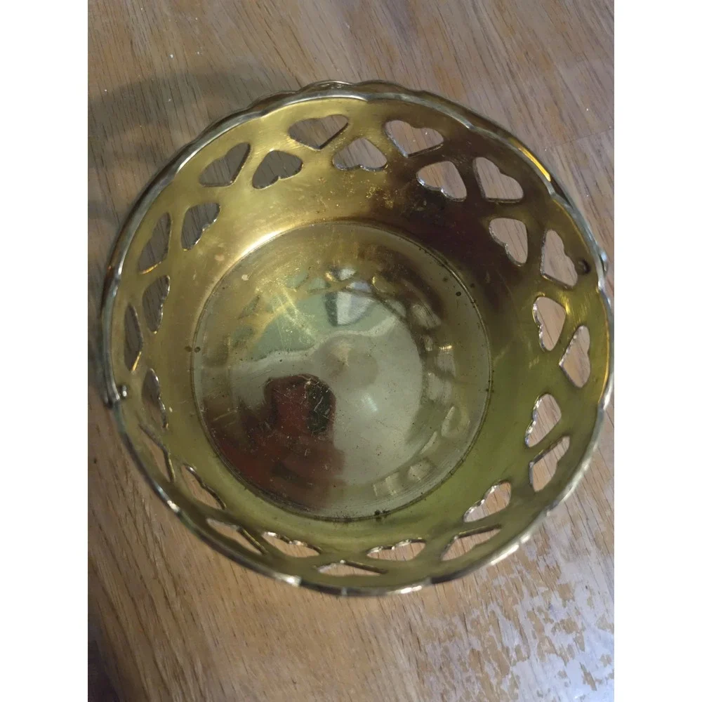 Brass Basket with Reticulated Heart Cut Outs Handle Candle Holder